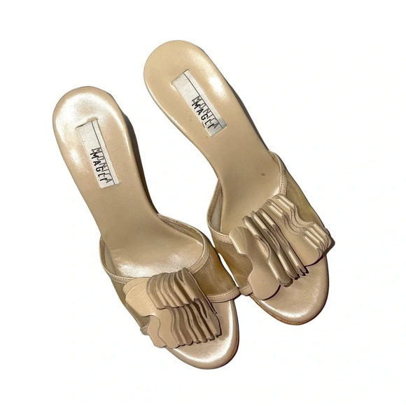Monica Magli Shoes - Monica Magli Tan Flutter Mesh Inset Slip-on Wooden Wedged Sandals 6 Women’s